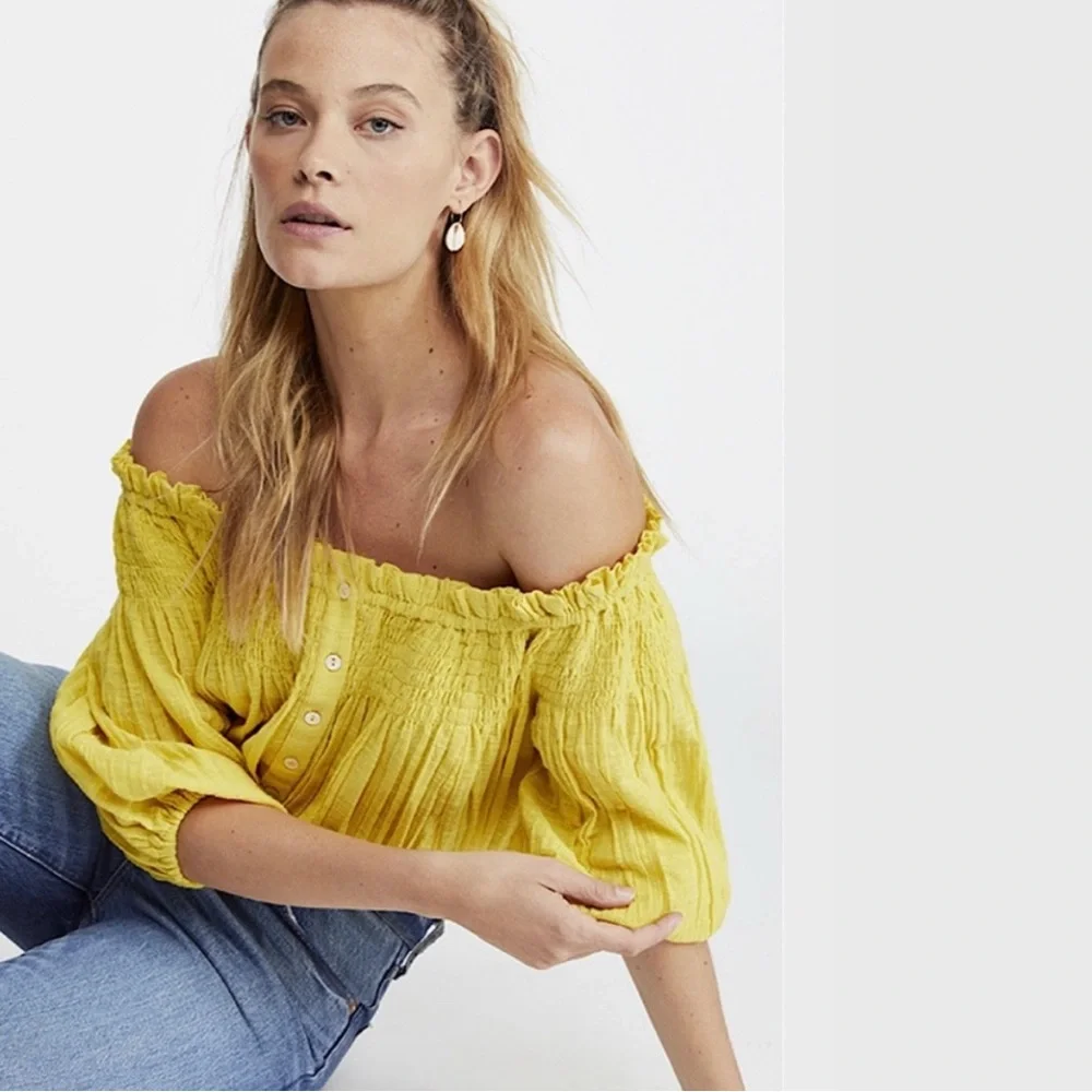 Free People We the Free Yellow Dancing Til Dawn Off Shoulder Smocked Top size M - Picture 2 of 9